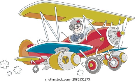 Toy aviator piloting an old-fashioned war airplane with bombs, vector cartoon illustration isolated on a white background