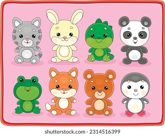 Toy baby animal characters with a cute little cat, bunny, dragon, panda, frog, fox, bear and penguin, set of vector cartoon illustrations