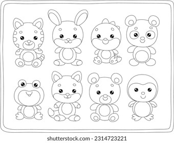 Toy baby animal characters with a cute little cat, bunny, dragon, panda, frog, fox, bear and penguin, set of black and white outline vector cartoon illustrations