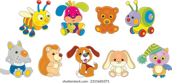 Personajes de animales bebés juguetes con una abeja linda, cachorros, oso, caracol, lobo, erizo, conejo y búho, conjunto de ilustraciones de dibujos vectoriales aisladas en un fondo blanco