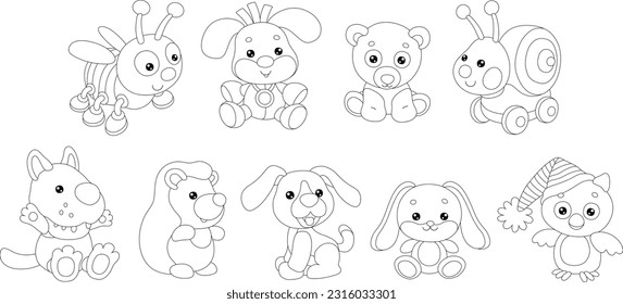 Toy baby animal characters Kawaii with a cute little bee, puppies, bear, snail, wolf, hedgehog, bunny and owl, set of black and white outline vector cartoon illustrations