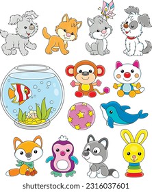 Toy baby animal characters Kawaii with cute little kittens, puppies, aquarium fish, dolphin, monkey, fox, penguin, wolf and rabbit, set of vector cartoon illustrations on white