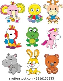 Toy baby animal characters Kawaii with cute little rabbit, elephant, octopus, deer, parrot, frog, unicorn, hippo and bear, set of vector cartoon illustrations isolated on a white background