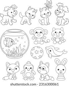 Personajes de animales de bebé juguete Kawaii con adorables gatitos, cachorros, peces acuarios, delfines, monos, zorros, pingüinos, lobos y conejos, conjunto de ilustraciones vectoriales en blanco y negro