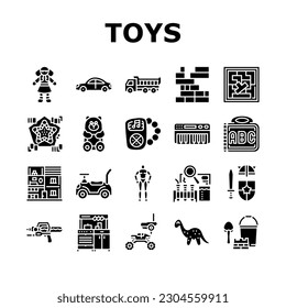 toy baby child game play icons set vector. kid cute, childhood bear, ball children, fun train, object happy, teddy education toy baby child game play glyph pictogram Illustrations
