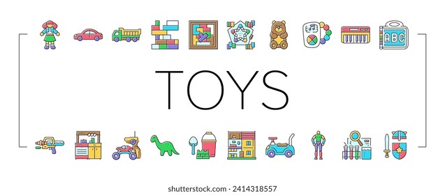 toy baby child game play icons set vector. kid cute, childhood bear, ball children, fun train, object happy, teddy education toy baby child game play color line illustrations