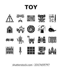 toy baby child kid play icons set vector. cute game, object children, car gift, childhood block, plush bear, preschool toy baby child kid play glyph pictogram Illustrations