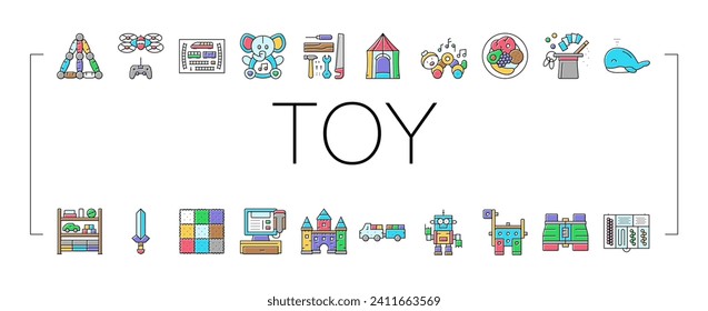 toy baby child kid play icons set vector. cute game, object children, car gift, childhood block, plush bear, preschool toy baby child kid play color line illustrations