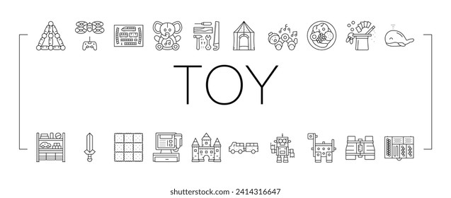 toy baby child kid play icons set vector. cute game, object children, car gift, childhood block, plush bear, preschool toy baby child kid play black line illustrations