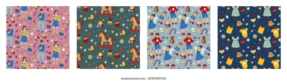 Toy baby, fashion texture. Background child pattern. Kindergarten cute decor. Children clothes. Horse wooden, bear, train. Doodle child preschool game. Wrapping paper and wallpaper. Vector tidy kids