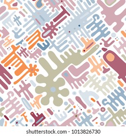 Toy background of repeating children mechanism, fun gears, designer plastic parts device. Vector elements maze, blocks. Mechanical construction for nursery, room, wall, interior. Toy seamless pattern.