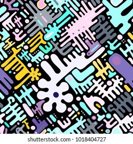 Toy background of repeating children mechanism, fun gears, designer plastic parts device. Vector elements maze, blocks. Mechanical construction for nursery, room, wall, interior. Toy seamless pattern.