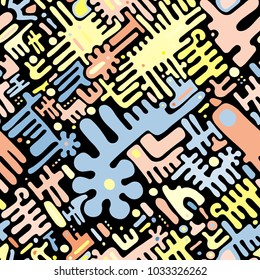 Toy background of repeating children mechanism, fun gears, designer plastic parts device. Vector elements maze, blocks. Mechanical construction for nursery, room, wall, interior. Toy seamless pattern.