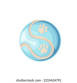 Toy ball for games of dogs and cats vector illustration. Cartoon isolated blue tennis ball with wavy line decoration and pattern of animal paw prints, accessory for playing and object of pet shop