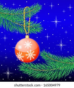 toy a ball hangs on branch fir-tree, vector illustration