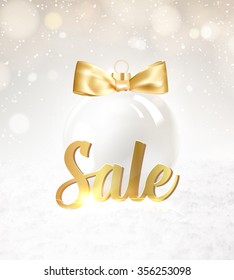 Toy ball for holiday fir-tree over snow background. Sale text over christmas ball. Market sign. Gold template over gray background with golden sparks. Vector illustration.