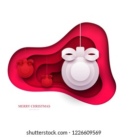 Toy of ball in paper cut trendy craft cartoon style. Christmas, new year modern design for advertising, branding background greeting card, cover, poster, banner. Vector illustration.