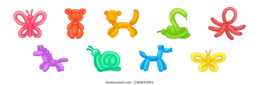 Toy Balloon with Twisted Bright Animals Vector Set