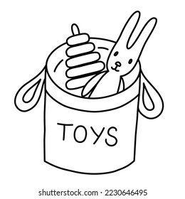 Toy basket icon, vector illustration of storage for playroom and children daycare, soft toy and ring stacker doodle, scandi nursery design, isolated outline clipart on white background