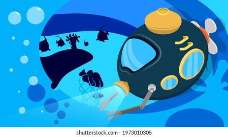 toy bathyscaphe in conducts research in an underwater cave. Children toys and entertainment. Underwater research. Vector