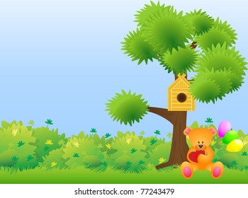 Toy bear with balloons sitting on the lawn under a tree with a birdhouse