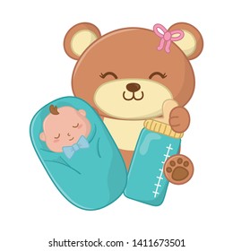 toy bear carrying a baby sheltered