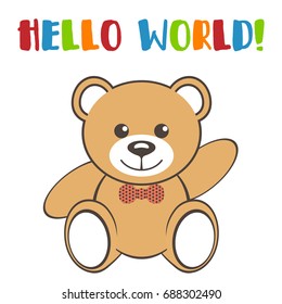 Toy bear with colorful text HELLO WORLD!