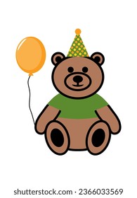 Oso de juguete con una gorra festiva sostiene un globo, ilustración vectorial, Holiday