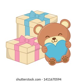 toy bear with heart and gift boxes