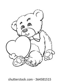 Toy bear holding a heart in his hands. Line drawing.