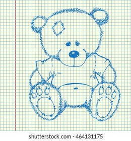 Toy bear. Bear icon. Hand drawn vector stock illustration. Sheet ball pen drawing. 