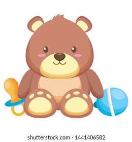 toy bear pacifier and rattle decoration baby shower card vector illustration