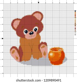 Toy bear with a pot of honey. The scheme of cross-stitch. Elements for creativity and needlework.