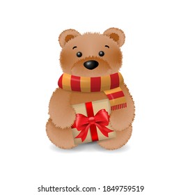 Toy bear with present isolated on white background. Vector illustration