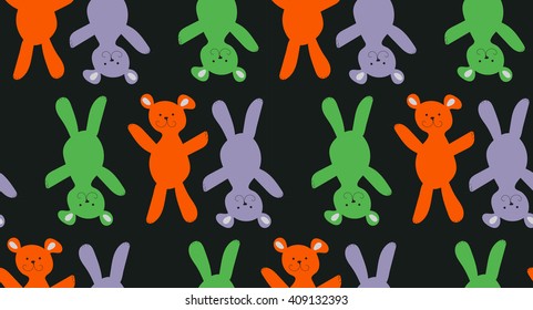 toy bear seamless pattern. hand drawn vector illustration on black background