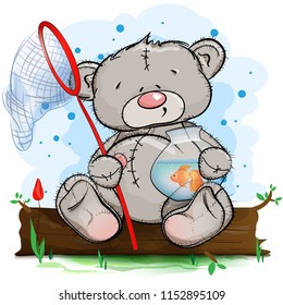Toy bear sitting on a log with a caught goldfish. Fish in a small aquarium. In the hands of bears fishing net.