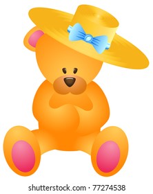 The toy bear in a yellow hat with blue bow on a white background