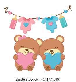 toy bears holding hearts vector illustration