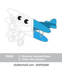 Toy biplane in vector to be traced. Restore dashed line and color the picture. Easy educational kid gaming with simple level of difficulty.