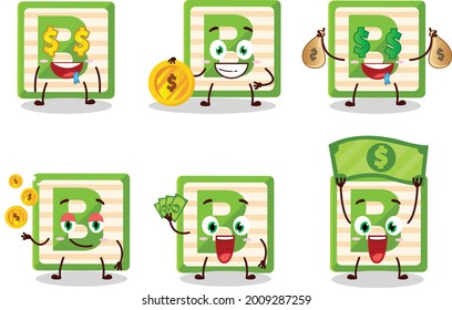 Toy block B cartoon character with cute emoticon bring money. Vector illustration