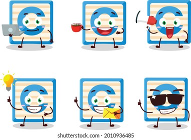 Toy block C cartoon character with various types of business emoticons. Vector illustration