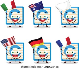 Toy block C cartoon character bring the flags of various countries. Vector illustration