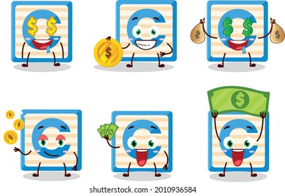Toy block C cartoon character with cute emoticon bring money. Vector illustration