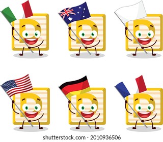 Toy block D cartoon character bring the flags of various countries. Vector illustration