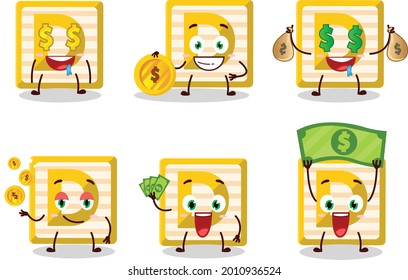 Toy block D cartoon character with cute emoticon bring money. Vector illustration