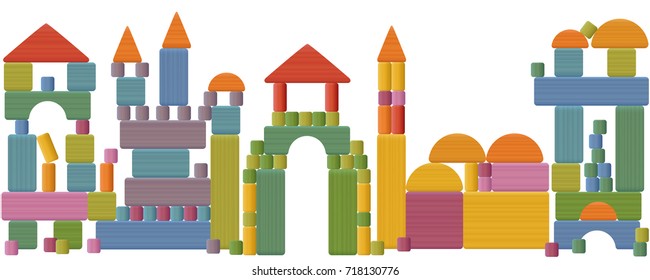 Toy blocks city skyline - fabulous buildings, towers, castles, churches and archways made of many pieces, colorful bricks, roofs, spires, pillars and archs. Vector illustration on white background.