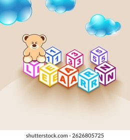 Toy blocks display numbers and letters, spelling LEARN, in vibrant colors