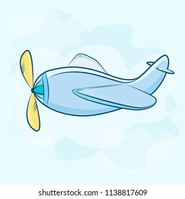 toy blue plane with a propeller in the blue sky