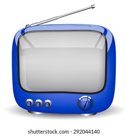 Toy blue television on a white background