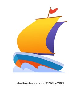 Toy boat - modern flat design style single isolated object. Neat detailed image of small sailboat floating on the waves. Perhaps he is radio-controlled. Outdoor marine games, happy childhood idea.